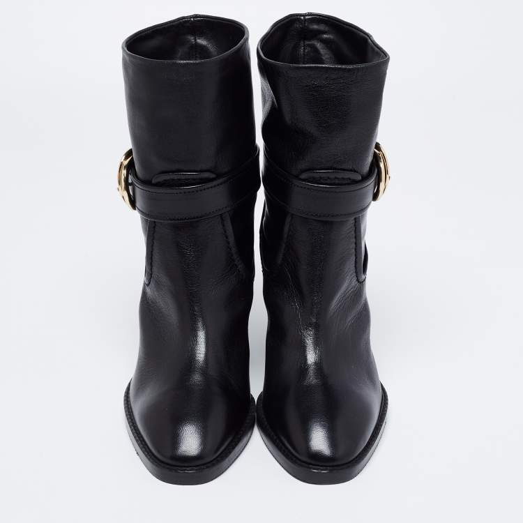 Pre Owned Stuart Weitzman Black Leather Ankle Length Block Heel Boots Size 36