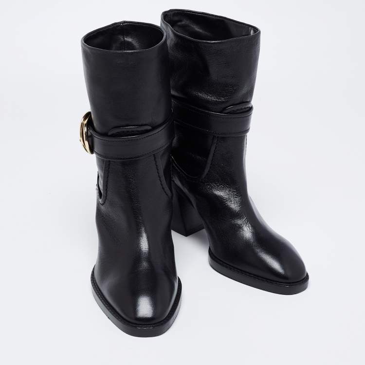 Pre Owned Stuart Weitzman Black Leather Ankle Length Block Heel Boots Size 36