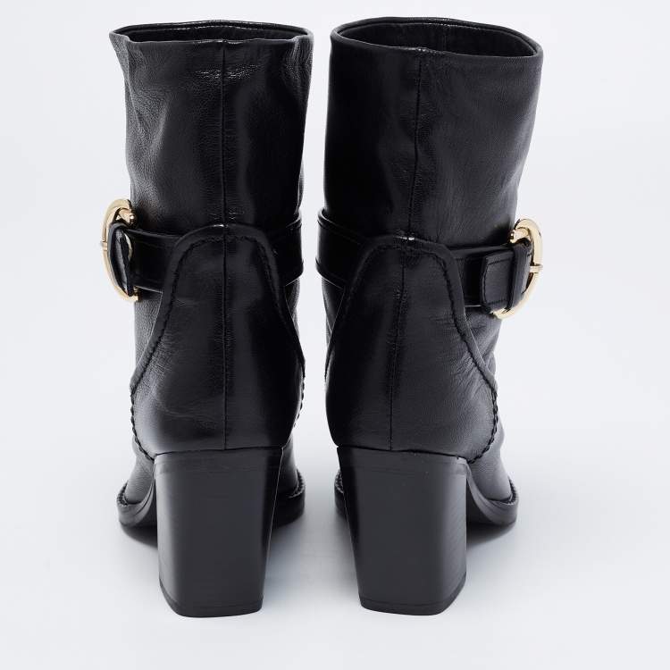Pre Owned Stuart Weitzman Black Leather Ankle Length Block Heel Boots Size 36