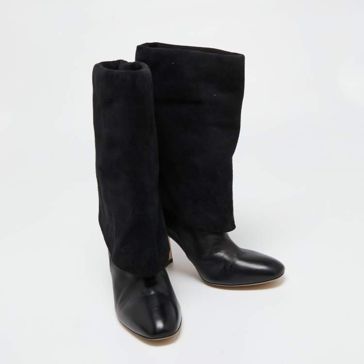 Pre Owned Stuart Weitzman Black Leather and Suede Lucinda Fold-over Boots  Size 38
