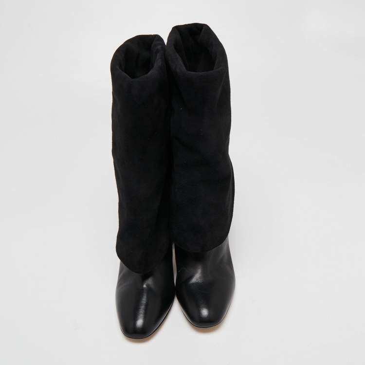 Pre Owned Stuart Weitzman Black Leather and Suede Lucinda Fold-over Boots  Size 38