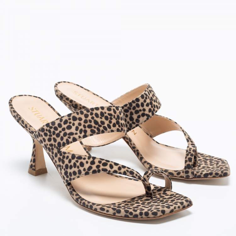 Pre Owned Stuart Weitzman Brown/Beige Suede Leopard Print Mule Slides Size 38