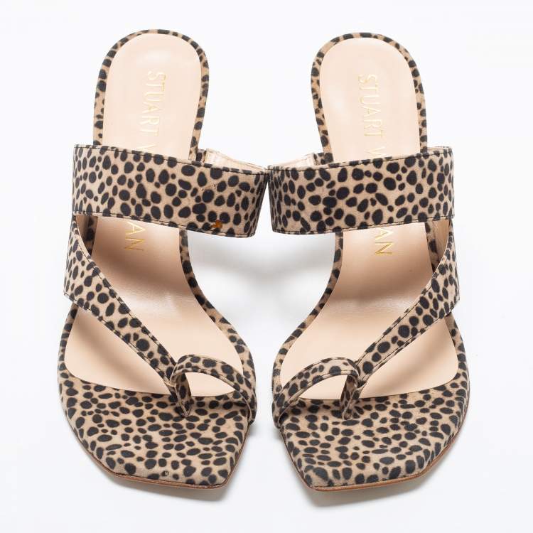 Pre Owned Stuart Weitzman Brown/Beige Suede Leopard Print Mule Slides Size 38