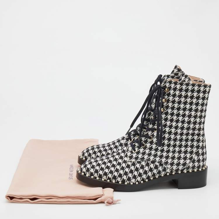 Pre Owned Stuart Weitzman Black/White Houndstooth Fabric Lace Up Ankle Length Boots Size 38.5