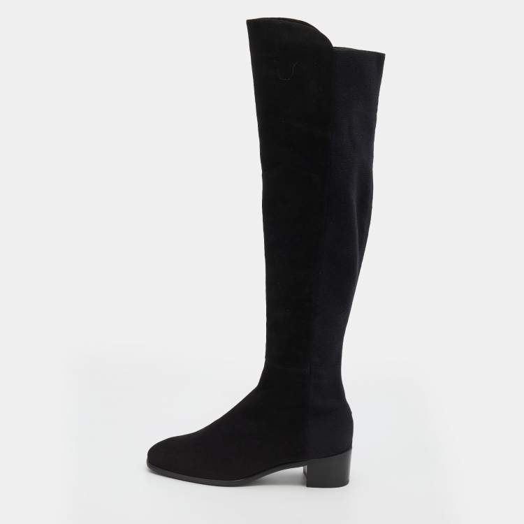 Pre Owned Stuart Weitzman Black Suede And Fabric Knee Length Boots Size 38.5