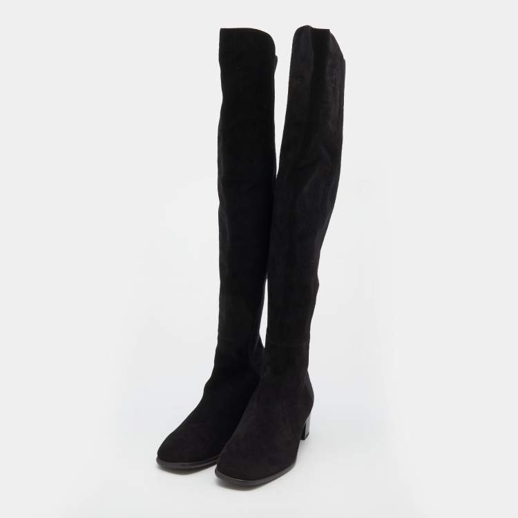 Pre Owned Stuart Weitzman Black Suede And Fabric Knee Length Boots Size 38.5