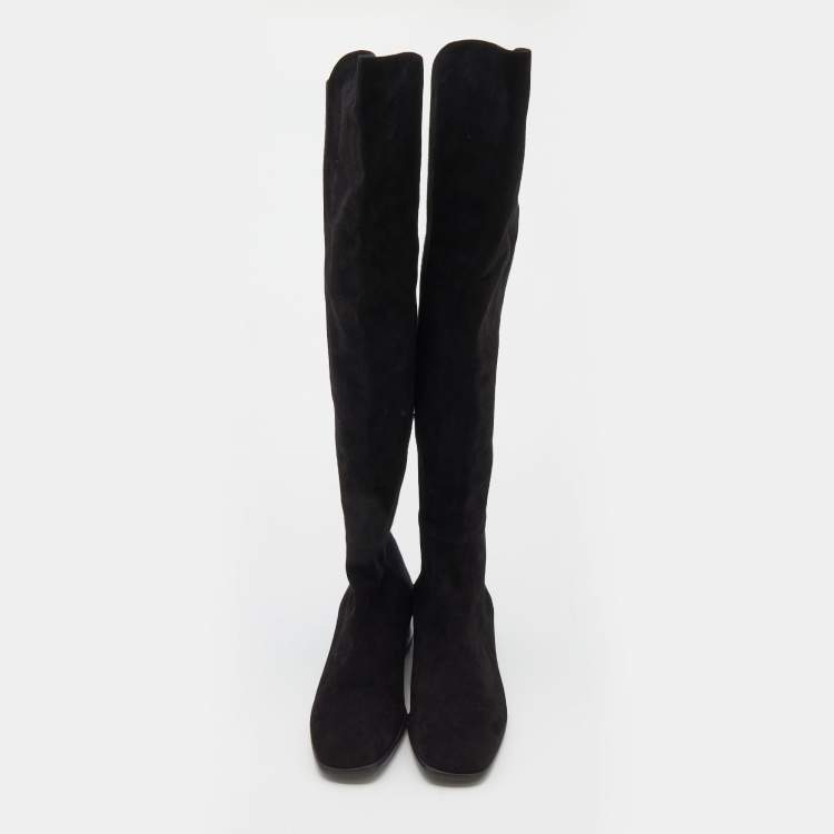 Pre Owned Stuart Weitzman Black Suede And Fabric Knee Length Boots Size 38.5