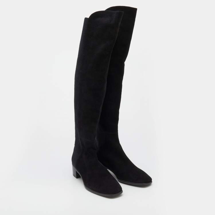 Pre Owned Stuart Weitzman Black Suede And Fabric Knee Length Boots Size 38.5