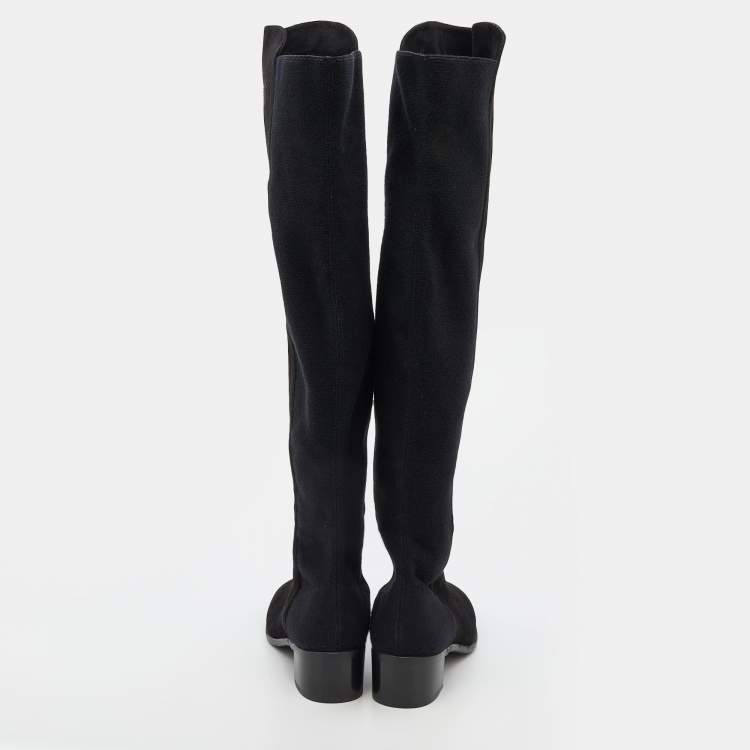 Pre Owned Stuart Weitzman Black Suede And Fabric Knee Length Boots Size 38.5