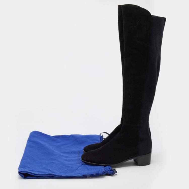 Pre Owned Stuart Weitzman Black Suede And Fabric Knee Length Boots Size 38.5