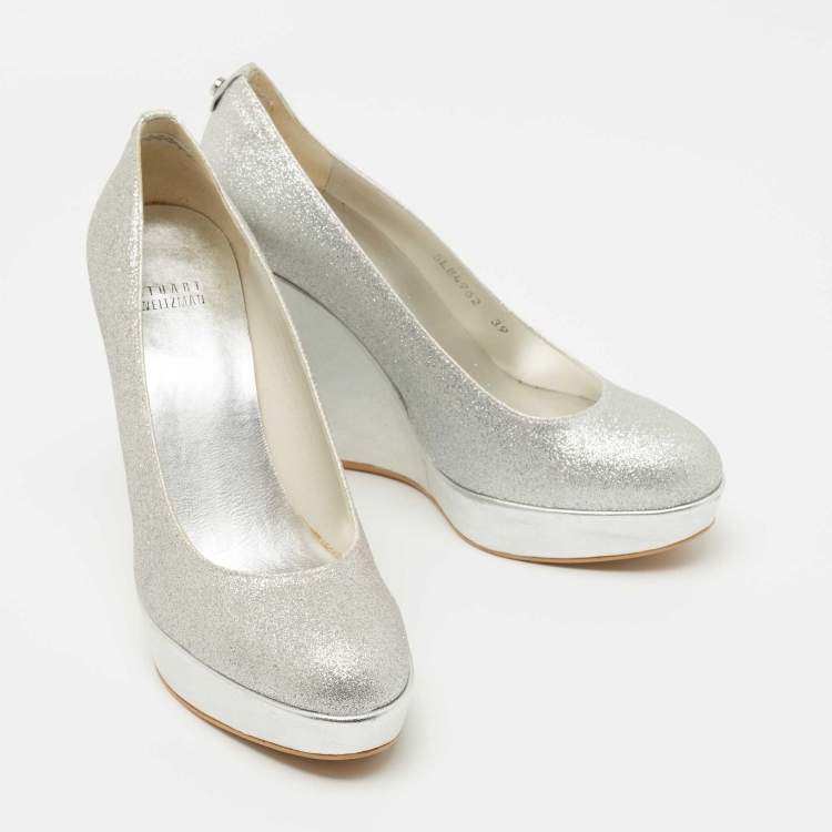 Pre Owned Stuart Weitzman Silver Leather and Glitter Wedge Pumps Size 39 