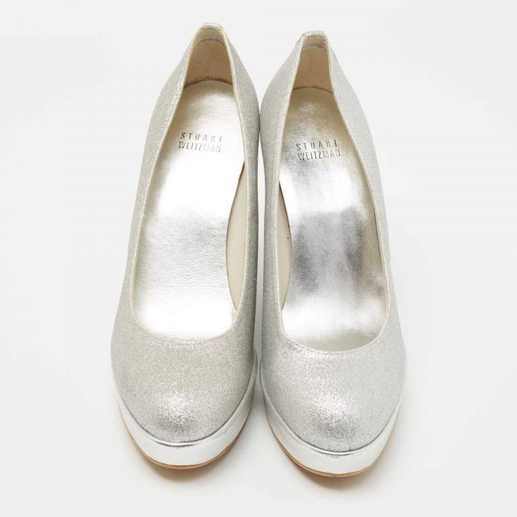 Pre Owned Stuart Weitzman Silver Leather and Glitter Wedge Pumps Size 39 