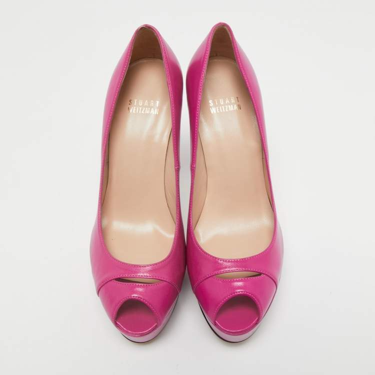 Pre Owned Stuart Weitzman Pink Leather Peep Toe Platform Pumps Size 37.5