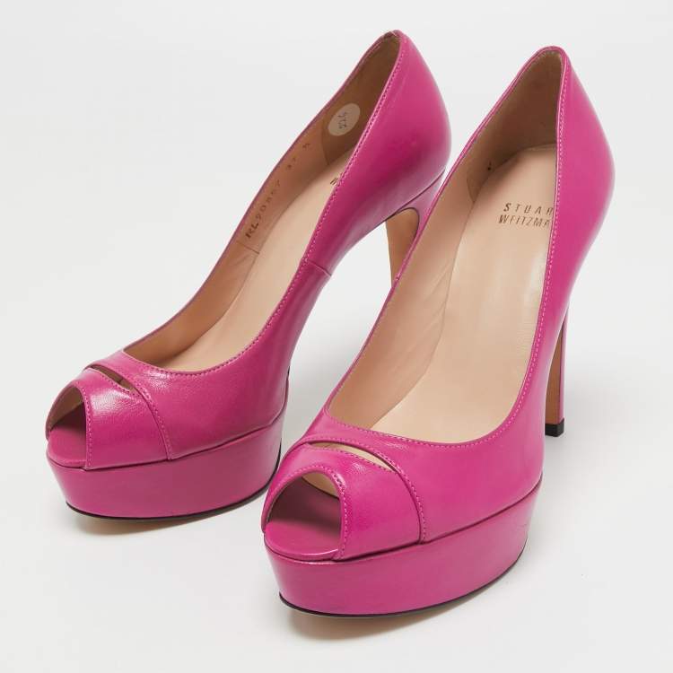 Pre Owned Stuart Weitzman Pink Leather Peep Toe Platform Pumps Size 37.5