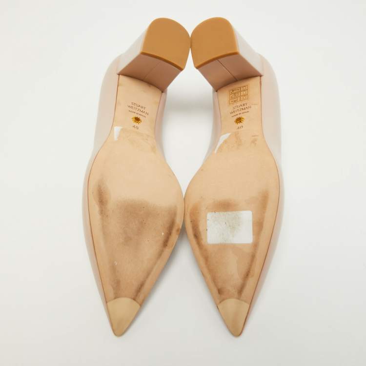 Pre Owned Stuart Weitzman Beige Leather Block Heel Pointed Pumps Size 40