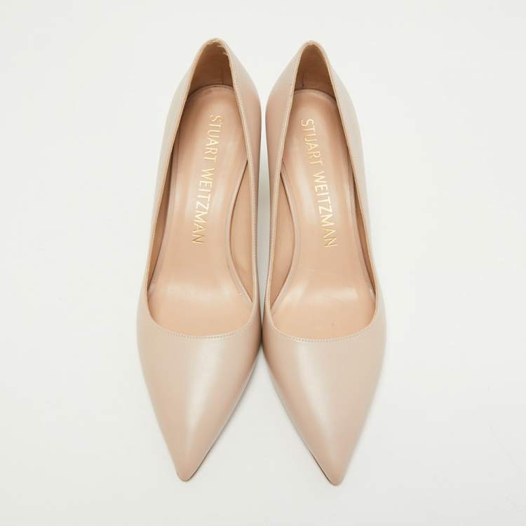 Pre Owned Stuart Weitzman Beige Leather Block Heel Pointed Pumps Size 40