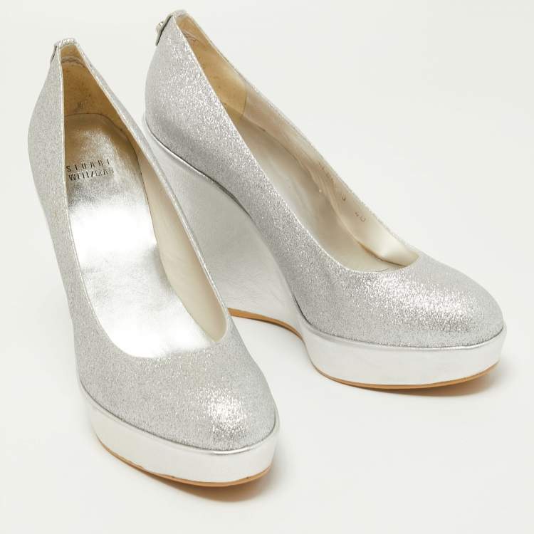 Pre Owned Stuart Weitzman Silver Leather and Glitter Wedge Pumps Size 40