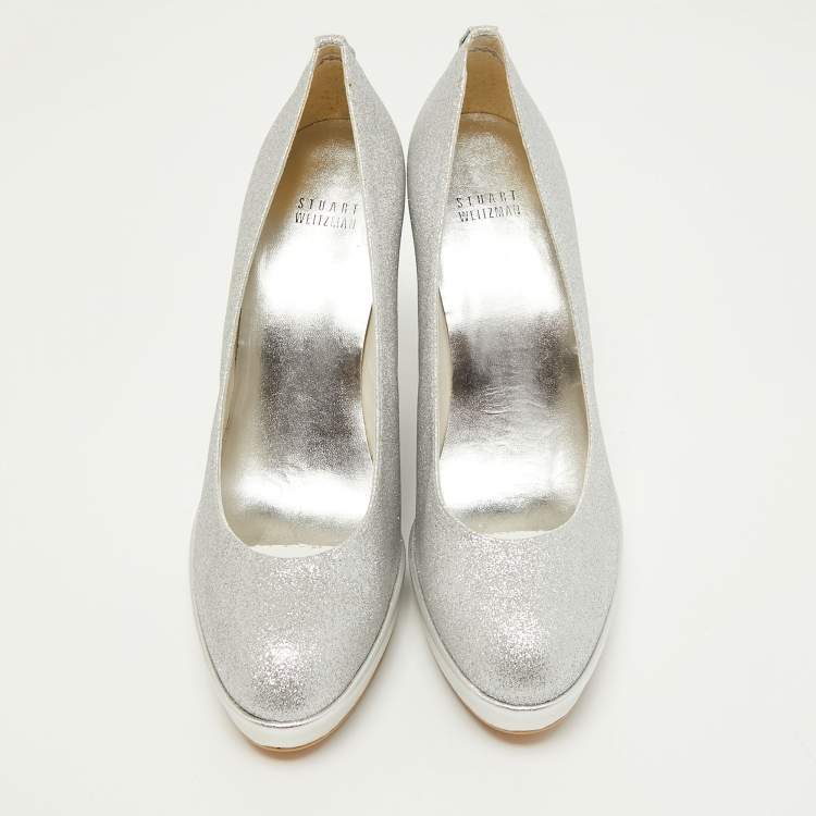 Pre Owned Stuart Weitzman Silver Leather and Glitter Wedge Pumps Size 40
