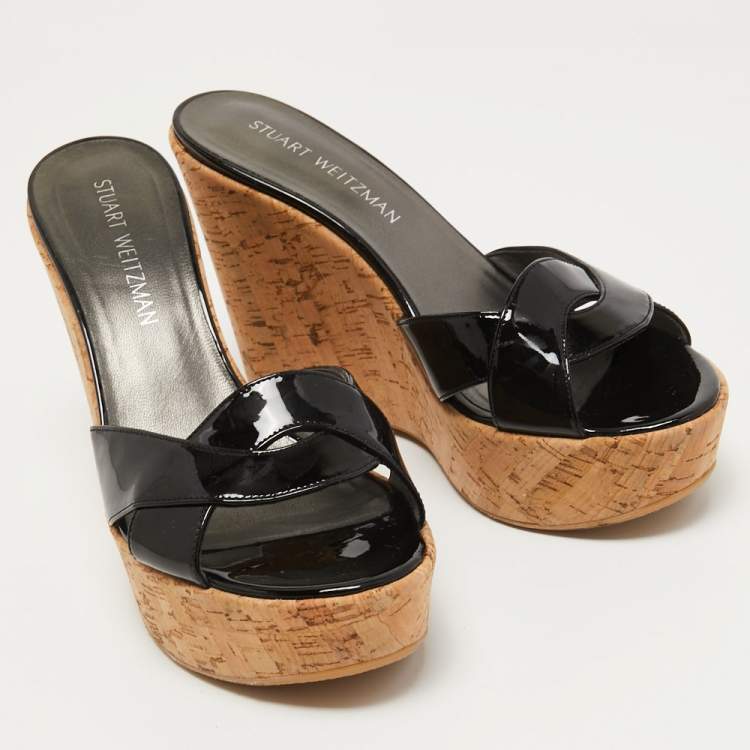 Pre Owned Stuart Weitzman Black Patent Overit Cork Wedge Sandals Size 39.5