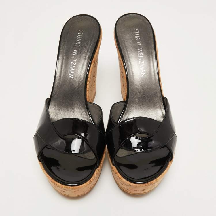 Pre Owned Stuart Weitzman Black Patent Overit Cork Wedge Sandals Size 39.5