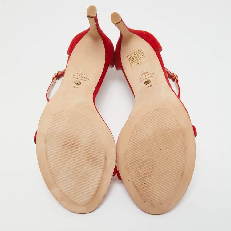 مملوكة مسبقًا Stuart Weitzman Red Suede Nudist Ankle Strap Sandals Size 39