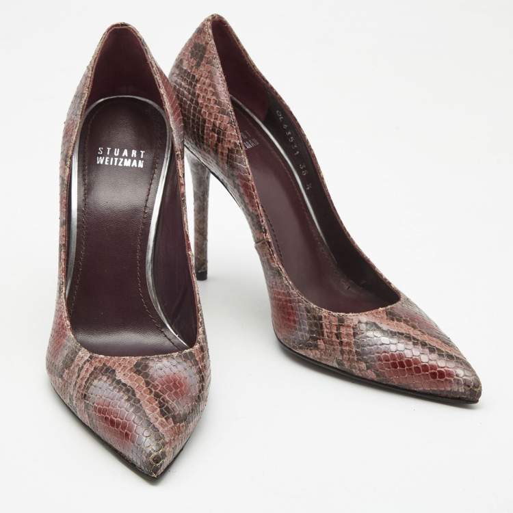 Pre Owned Stuart Weitzman Tricolor Python Embossed Leather Pointed Toe Pumps Size 38.5