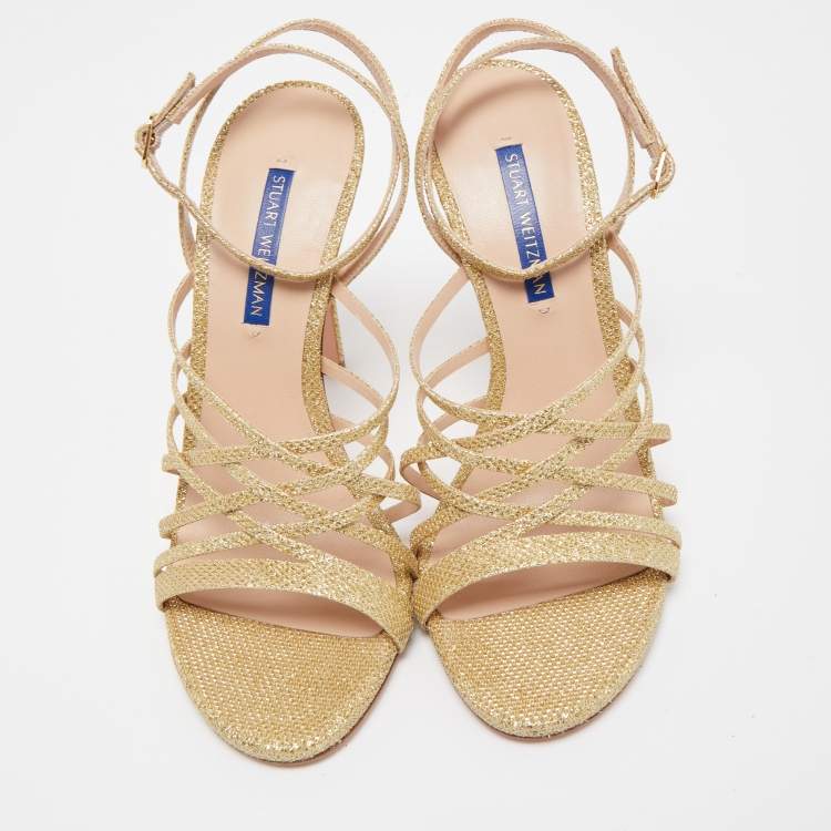 Pre Owned Stuart Weitzman Gold Metallic Glitter Ankle Strap Open Toe Sandals Size 38.5