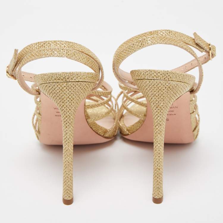 Pre Owned Stuart Weitzman Gold Metallic Glitter Ankle Strap Open Toe Sandals Size 38.5