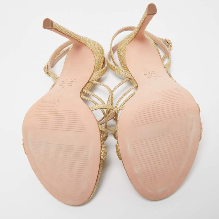 Pre Owned Stuart Weitzman Gold Metallic Glitter Ankle Strap Open Toe Sandals Size 38.5