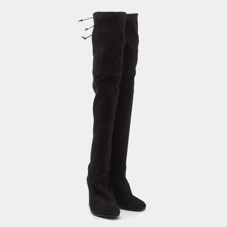 Pre Owned Stuart Weitzman Black Suede Tieland Knee Length Boots Size 37