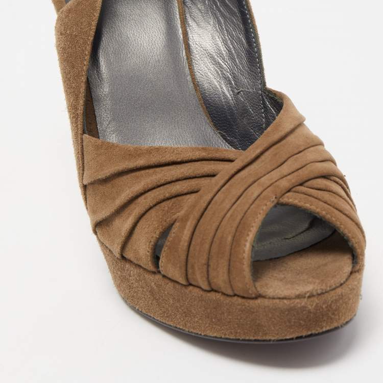 Pre Owned Stuart Weitzman Olive Green Pleated Suede Peep Toe Platform Slingback Pumps Size 37.5