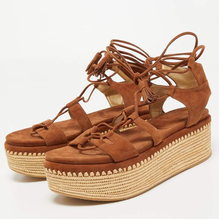 Pre Owned Stuart Weitzman Brown Suede Romanesque Ankle Tie Sandals Size 39