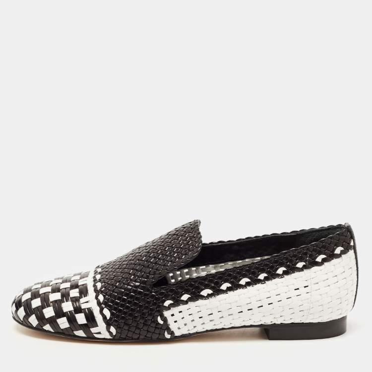 Pre Owned Stuart Weitzman Black/White Woven Leather Riviera Smoking Slippers Size 35