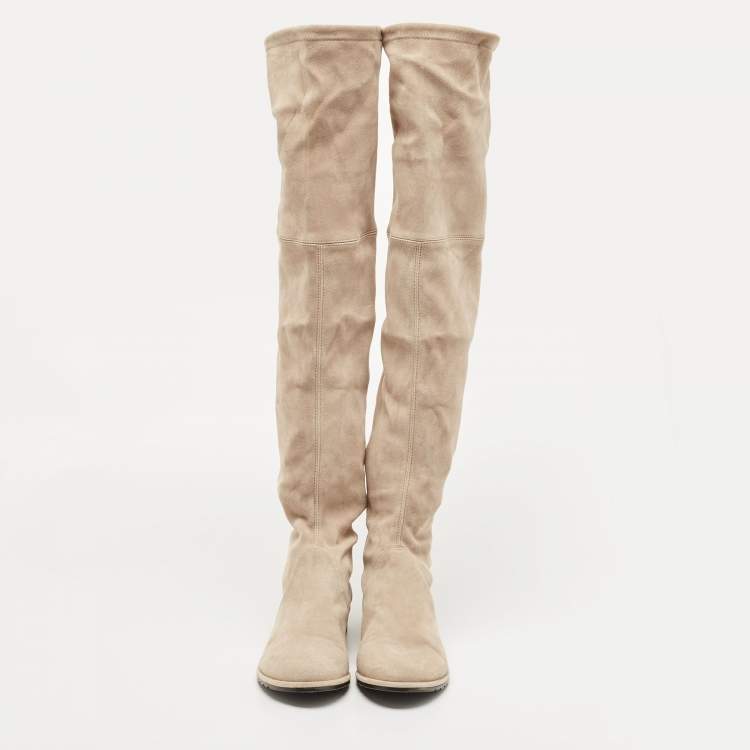 Pre Owned Stuart Weitzman Beige Suede Knee Length Boots Size 39.5