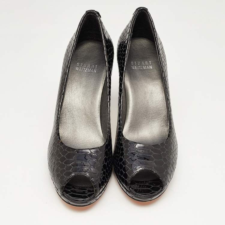 Pre Owned Stuart Weitzman Black Python Embossed Leather Peep Toe Pumps Size 36.5