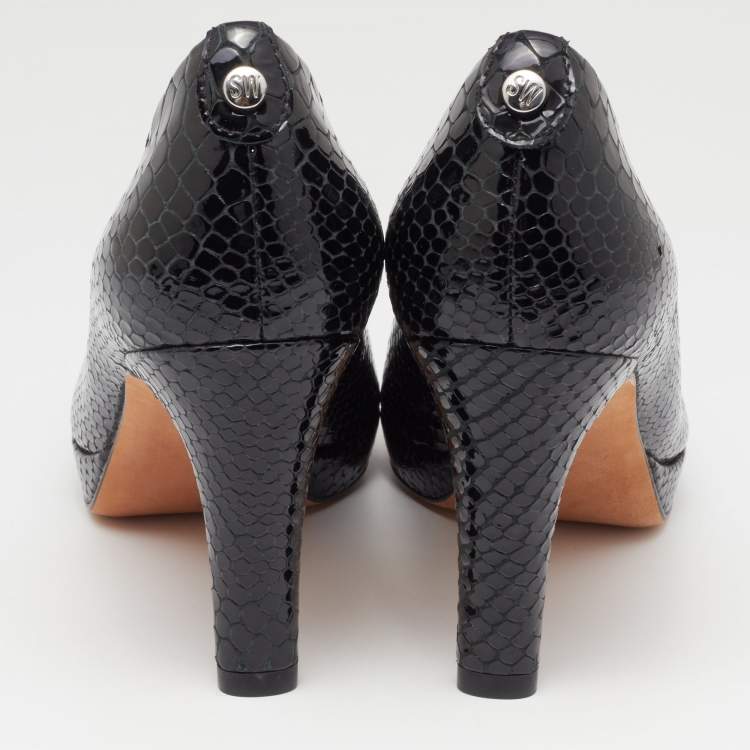 Pre Owned Stuart Weitzman Black Python Embossed Leather Peep Toe Pumps Size 36.5