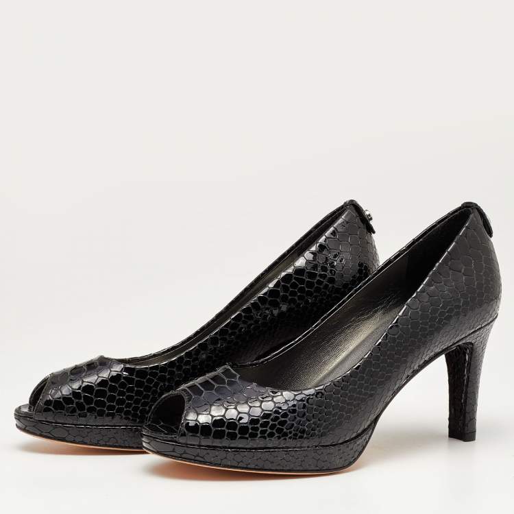 Pre Owned Stuart Weitzman Black Python Embossed Leather Peep Toe Pumps Size 36.5
