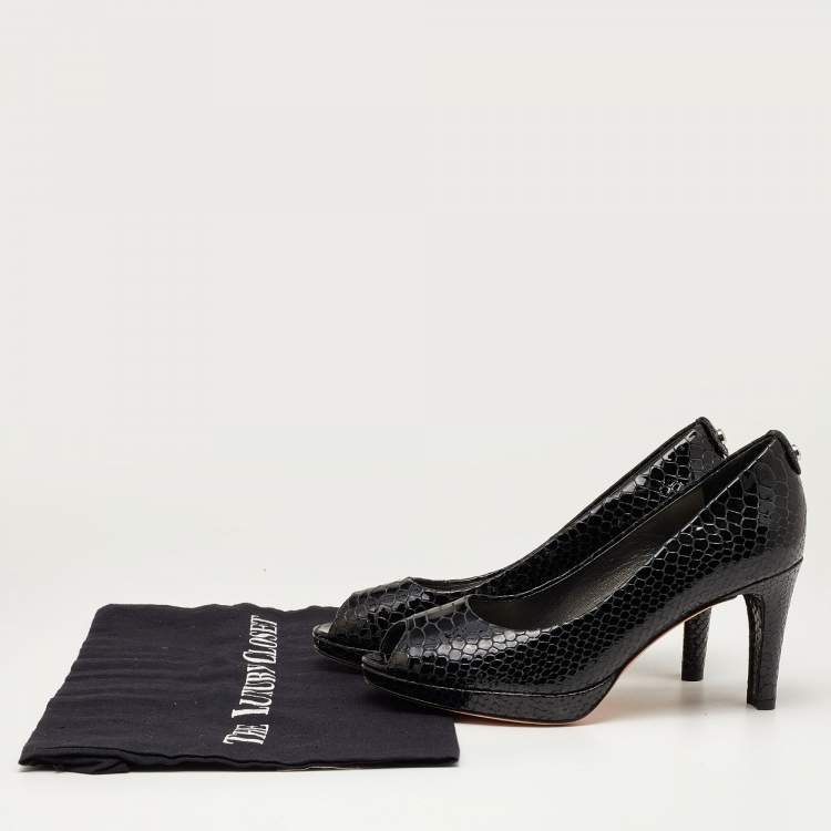 Pre Owned Stuart Weitzman Black Python Embossed Leather Peep Toe Pumps Size 36.5