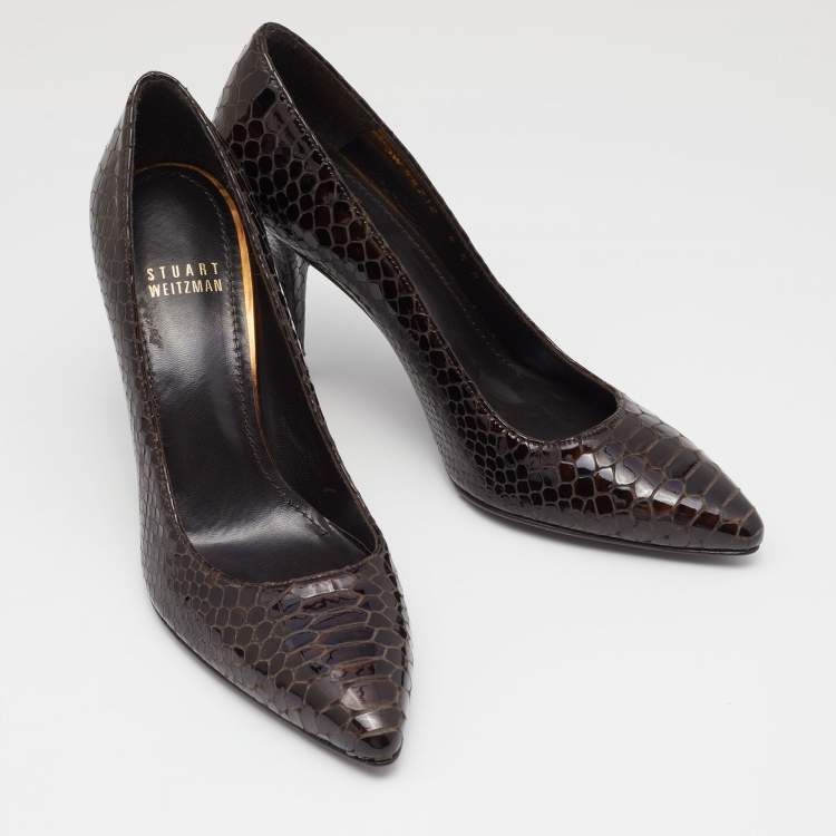 Pre Owned Stuart Weitzman Brown Python Embossed Patent Leather Pumps Size 37