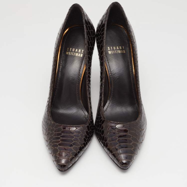 Pre Owned Stuart Weitzman Brown Python Embossed Patent Leather Pumps Size 37