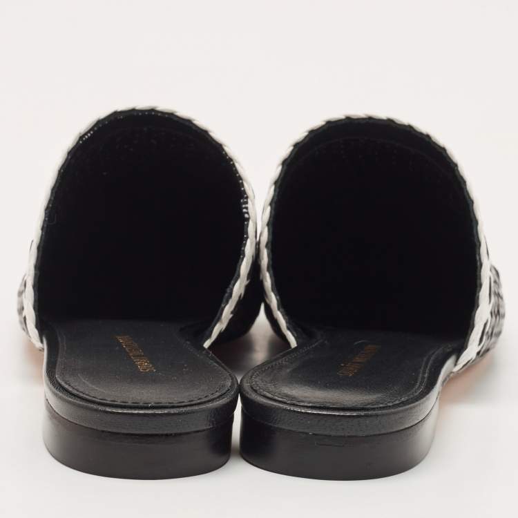 Pre Owned Stuart Weitzman Black/White Woven Leather Indiana Slide Mules Size 36
