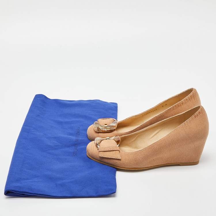 مملوكة مسبقًا Stuart Weitzman Beige Lizard Embossed Leather Bucalina Wedge Pumps Size 37