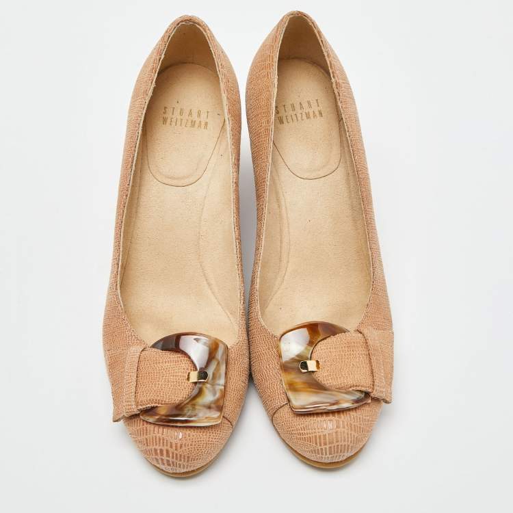 مملوكة مسبقًا Stuart Weitzman Beige Lizard Embossed Leather Bucalina Wedge Pumps Size 37