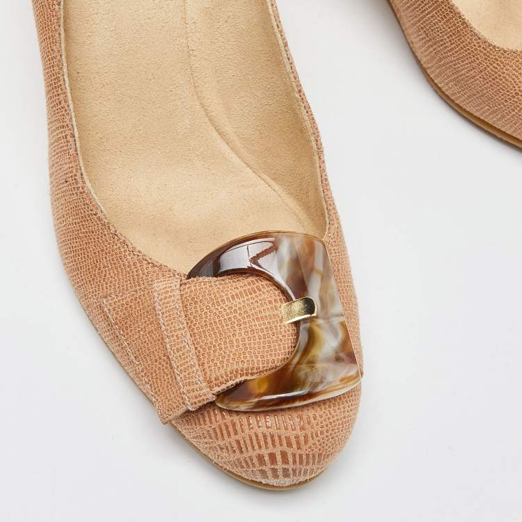مملوكة مسبقًا Stuart Weitzman Beige Lizard Embossed Leather Bucalina Wedge Pumps Size 37