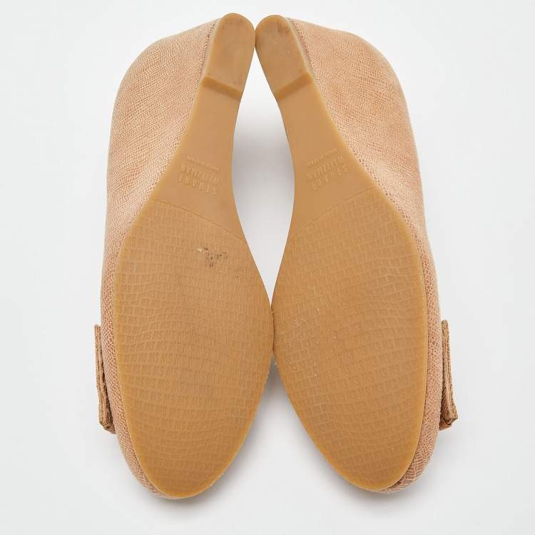 مملوكة مسبقًا Stuart Weitzman Beige Lizard Embossed Leather Bucalina Wedge Pumps Size 37