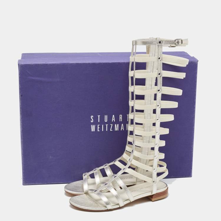 Pre Owned Stuart Weitzman Silver Leather And Elastic Gladiator Flat Sandals Size 36