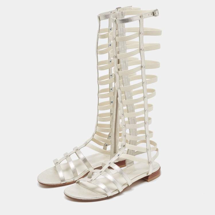 Pre Owned Stuart Weitzman Silver Leather And Elastic Gladiator Flat Sandals Size 36