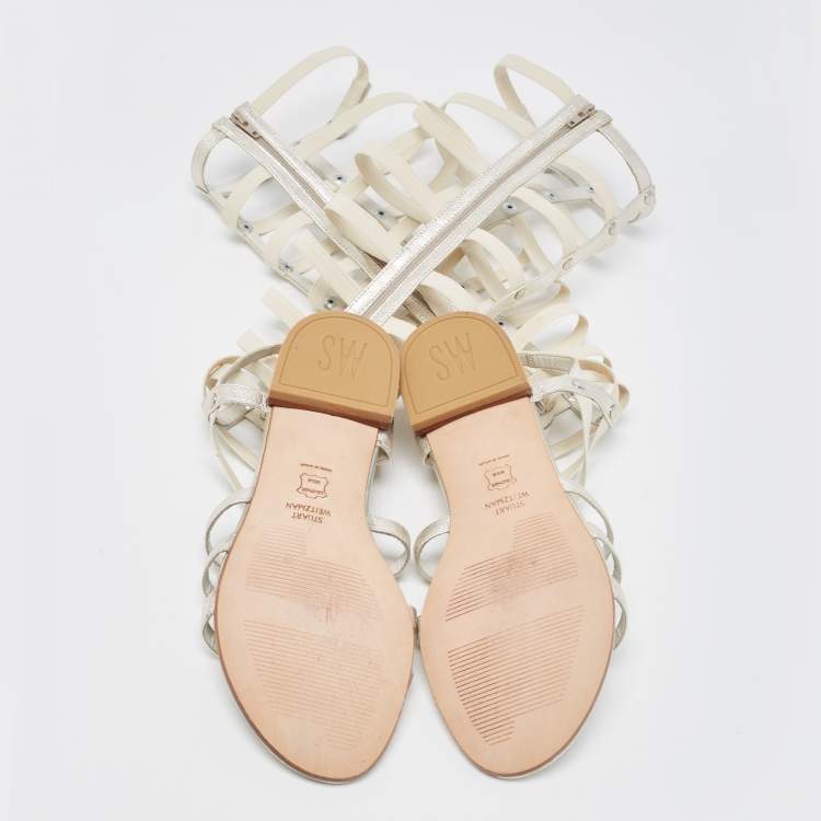 Pre Owned Stuart Weitzman Silver Leather And Elastic Gladiator Flat Sandals Size 36