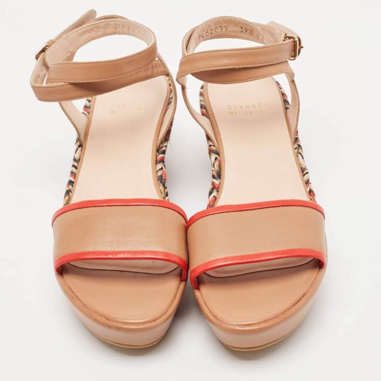 Pre Owned Stuart Weitzman  Brown Leather Wedge Ankle Strap Sandals Size 39.5