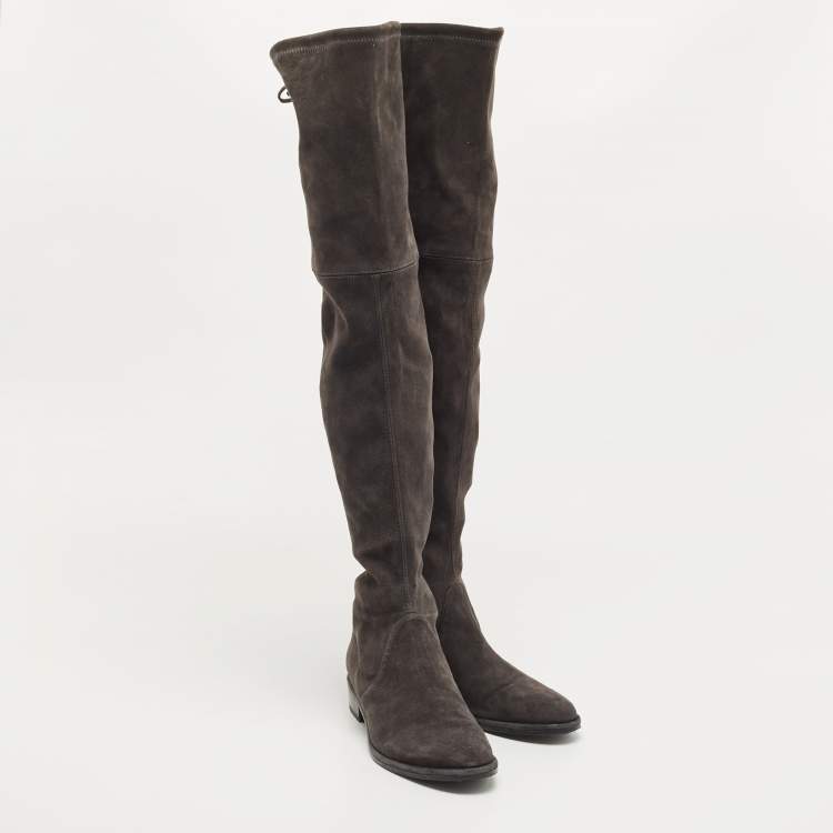Pre Owned Stuart Weitzman Dark Grey Suede Lowland Over The Knee Boots Size 38